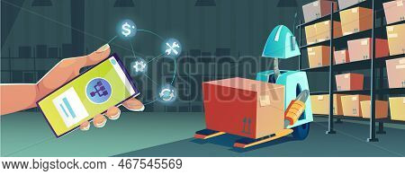 Smart Technologies In Warehouse With Smartphone App For Control Robot. Vector Cartoon Illustration O