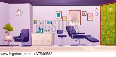 Tattoo Studio Or Beauty Salon Interior. Modern Empty Room With Armchairs For Client And Master, Cosm
