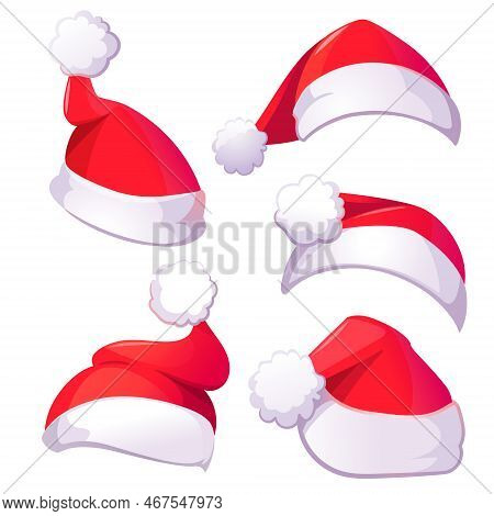 Red Santa Claus Hats For Christmas Or New Year Celebration. Vector Cartoon Set Of Xmas Caps With Whi