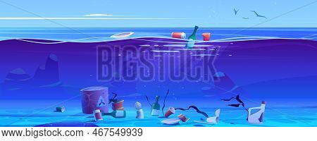 Pollution Ocean By Plastic Trash And Litter. Vector Cartoon Illustration Of Sea With Floating Cups, 