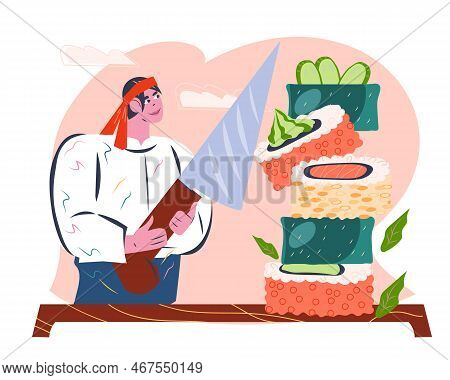 Japanese Sushi Maker Cooking With Katana Knife, Flat Vector Illustration Isolated On White Backgroun