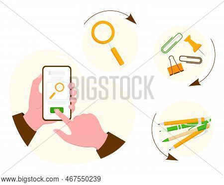 Vector Illustration Person Makes Order And Purchases Of Stationery For School By Cell Phone. Select 