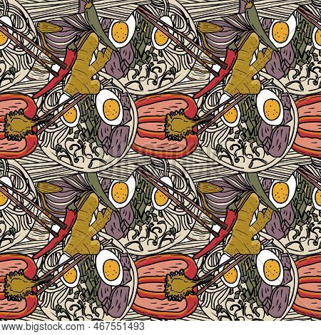 Vector Panasian Food Seamless Pattern. Hand Drawn Sketch With Asian Food Such As Noodles, Shrimps, G