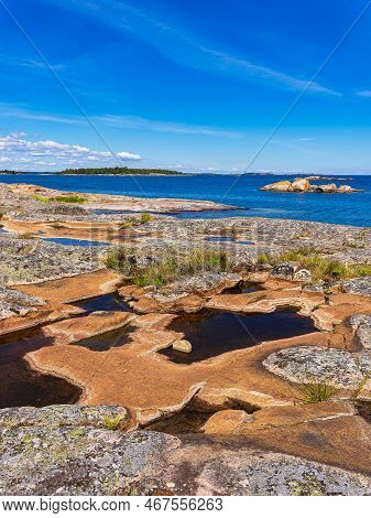 Baltic Sea Coast With Rocks On The Island Sladö In Sweden.