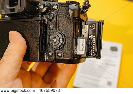 Paris, France - Nov 20, 2022: Sony Sd Media Card Inside The New Panasonic Lumix Dmc-gh6 Micro Four T