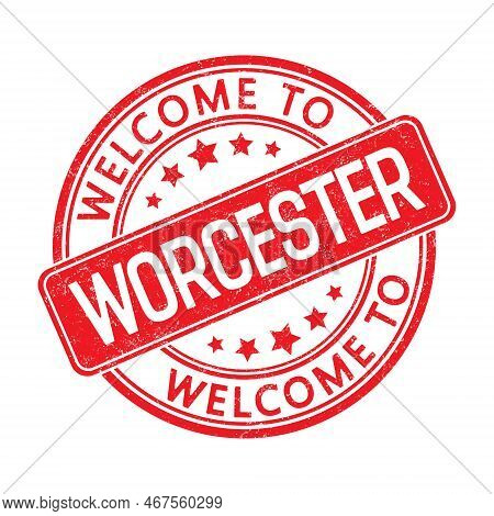Welcome To Worcester . Impression Of A Round Stamp With A Scuff. Flat Style