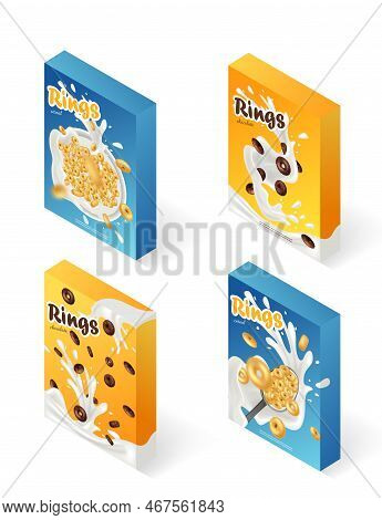 Breakfast Cereal Realistic Poster Set With Rings Isolated. Concept Of Healthy Breakfast. 3d Ring Cer
