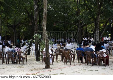 Thai People Join Observe Religious Or Practice Dharma Meditate Respect Praying Blessing Buddha Holy