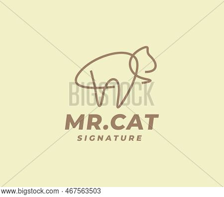 Cat Signature Logo Design. Line Art Kitty, Kitten Vector Design. Domestic Animal Outline Graphic Des