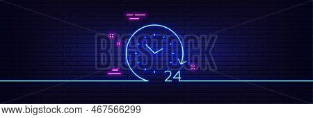 Neon Light Glow Effect. 24 Hours Time Line Icon. Clock Sign. Watch Symbol. 3d Line Neon Glow Icon. B