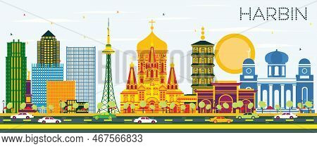 Harbin China Skyline With Color Buildings And Blue Sky. Vector Illustration. Business Travel And Tou