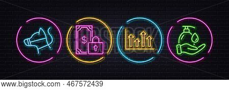 Upper Arrows, Dog Leash And Private Payment Minimal Line Icons. Neon Laser 3d Lights. Wash Hands Ico