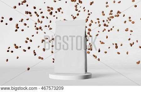 Falling Coffee Beans On Empty Matte Podium White Background 3d Rendering. Place For Product Cup Pouc