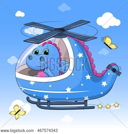 Cute Cartoon Dragon In A Helicopter. Vector Illustration Of Ananimal In The Sky With Clouds And Butt
