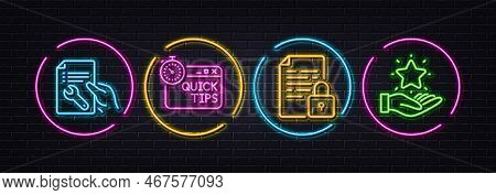 Lock, Repair Document And Quick Tips Minimal Line Icons. Neon Laser 3d Lights. Loyalty Program Icons