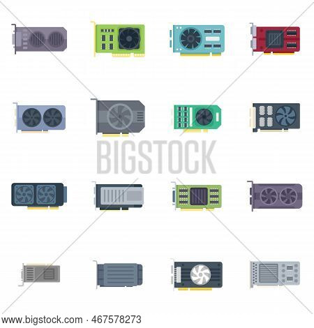 Gpu Graphic Card Icons Set Flat Vector. Hard Ware. Board Capacitor Isolated