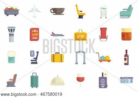 First Class Travel Icons Set Flat Vector. Airplane Service. Seat Traveler Isolated