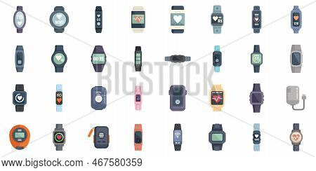 Wearable Tracker Icons Set Flat Vector. Fitness Bracelet. Wristband Digital Isolated