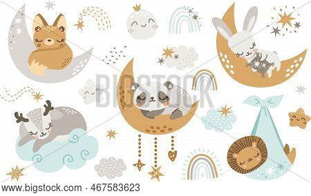 Milays Collection Of Sleeping Animals. Cute Hare, Panda, Deer, Fox, Lion Sleeping On The Moon And Cl
