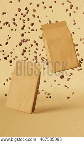 Falling Coffee Beans On Empty Matte Podium White Background 3d Rendering. Place For Product Cup Pouc