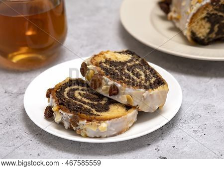 Slices Of Christmas Cake Makowiec With Poppy Seeds, Traditional Polish Festive Pie Covered With Suga