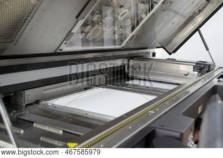 White Polyamide Powder On Working Surface Of Open 3d Printer. White Polyamide Powder In Working Cham