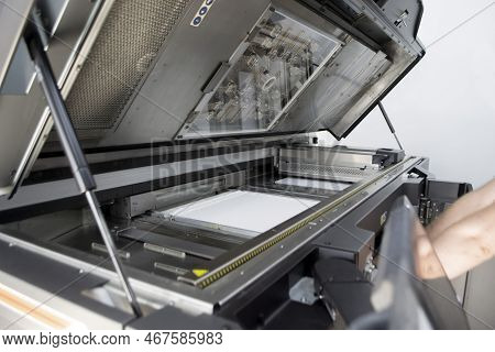 White Polyamide Powder On Working Surface Of Open 3d Printer. White Polyamide Powder In Working Cham