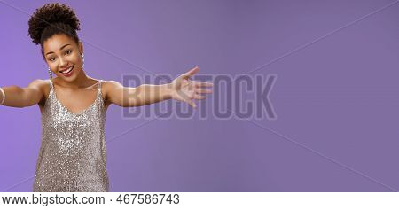 Lovely Touched African-american Female In Evening Slver Dress Extend Arms Hug Give Cuddle Tilt Head 