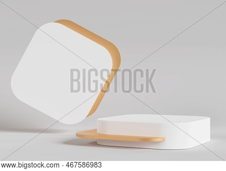 White And Golden Podium On Beige Background. Elegant Stage For Product, Cosmetic Presentation. Luxur