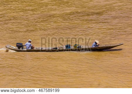 Kapit, Malaysia - March 2, 2018: Canoe On Batang Rejang River In Kapit, Sarawak, Malays