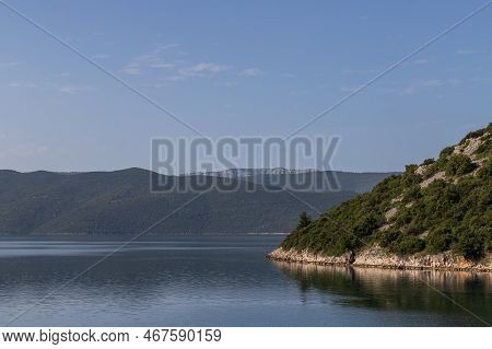 Seascape In The Pelješac Region Of Croatia. You Can See The Sea And The Mountains.