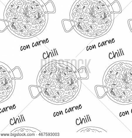 Seamless Pattern From Chili Con Carne With Beans And Slices With Lettering. Latin American Food.