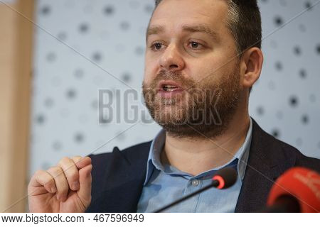 Bucharest, Romania - December 09, 2022: Ciprian Ciucu Mayor Of Sector 6 Of Bucharest Speaks To The P