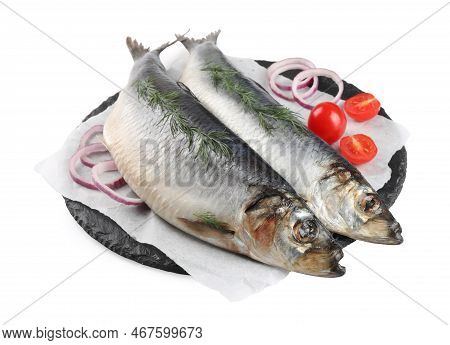 Slate Plate With Salted Herrings, Onion Rings, Dill And Cherry Tomatoes Isolated On White