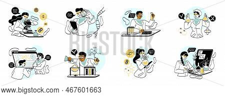Set Of Scientists During Lab Scientific Researches. Male And Female Medic, Chemists And Microbiologi