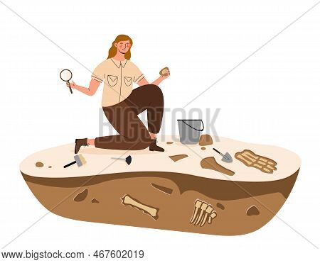 Archaelogical Excavations Concept. Young Girl With Magnifying Glass Examines Bones Under Ground. His