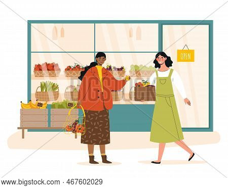 Shop With Wegetables And Fruits. Young Girls In Store Evaluate Natural And Organic Products. Charact
