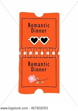 Romantic Dinner Coupon. Lettering And Glasses In Shape Of Heart, Rose. Gift, Present And Surprise. W