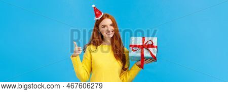 Waist-up Shot Satisfied Good-looking Redhead Woman Showing Thumb-up In Approval Or Like, Love Celebr