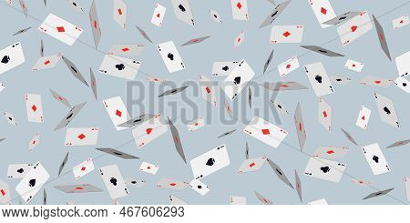 Falling Playing Cards On Grey. Seamless Pattern With Falling Playing Cards With Symbols Of Diamonds,