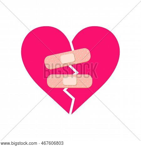 Broken Pink Comic Heart With Bandages Flat Vector Illustration. Cartoon Drawing Of Cracked Heart Wit