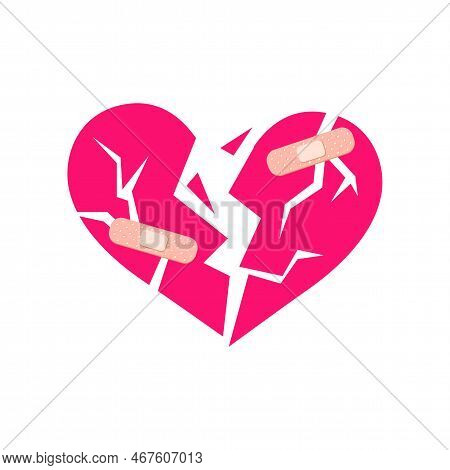 Broken Pink Comic Heart With Plasters Flat Vector Illustration. Cartoon Drawing Of Shattered Heart W