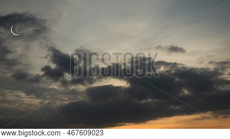 Mubarak Ramadan Month Muslim Islamic Moon Symbols,crescent Moon And Star On Night Sky Dusk Orange Pi