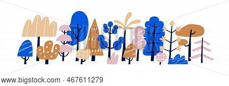 Doodle Childrens Trees. Primitive Forest Plants, Childish Simple Woods With Shrubs In Naive Style. M