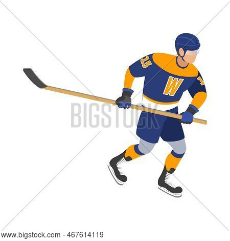 Ice Hockey Isometric Composition With Isolated Human Character In Uniform On Blank Background Vector