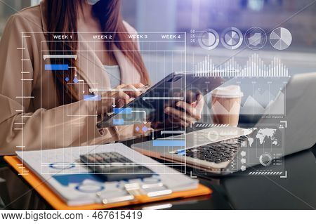 Businessman Hand Project Manager Working And Update Tasks And Gantt Chart Scheduling Virtual Diagram