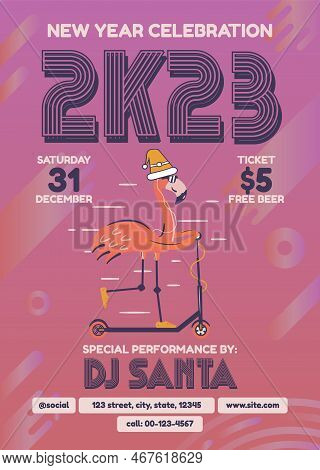 Christmas Flyer In Modern Art Deco Style. Happy New Year 2023 Celebration Party Card With Flamingo O