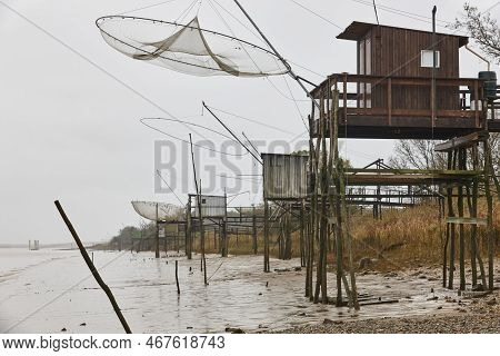 Carrelet Traditional Net Fishing In Garonne Estuary. Aquitaine. France