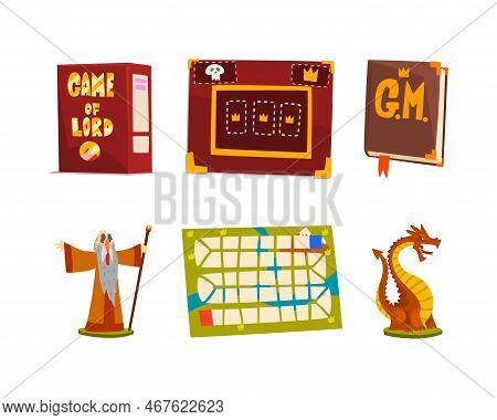 Game Of Lord With Game Box, Fantasy Guide Book, Dragon And Wizard Figure As Fantasy Magic Board Game