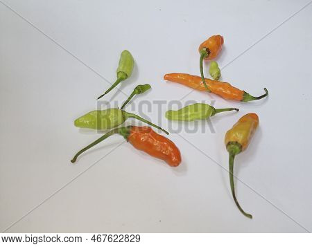 Cabai Rawit Or Red And Green Cayenne Pepper On White Background. Isolated
